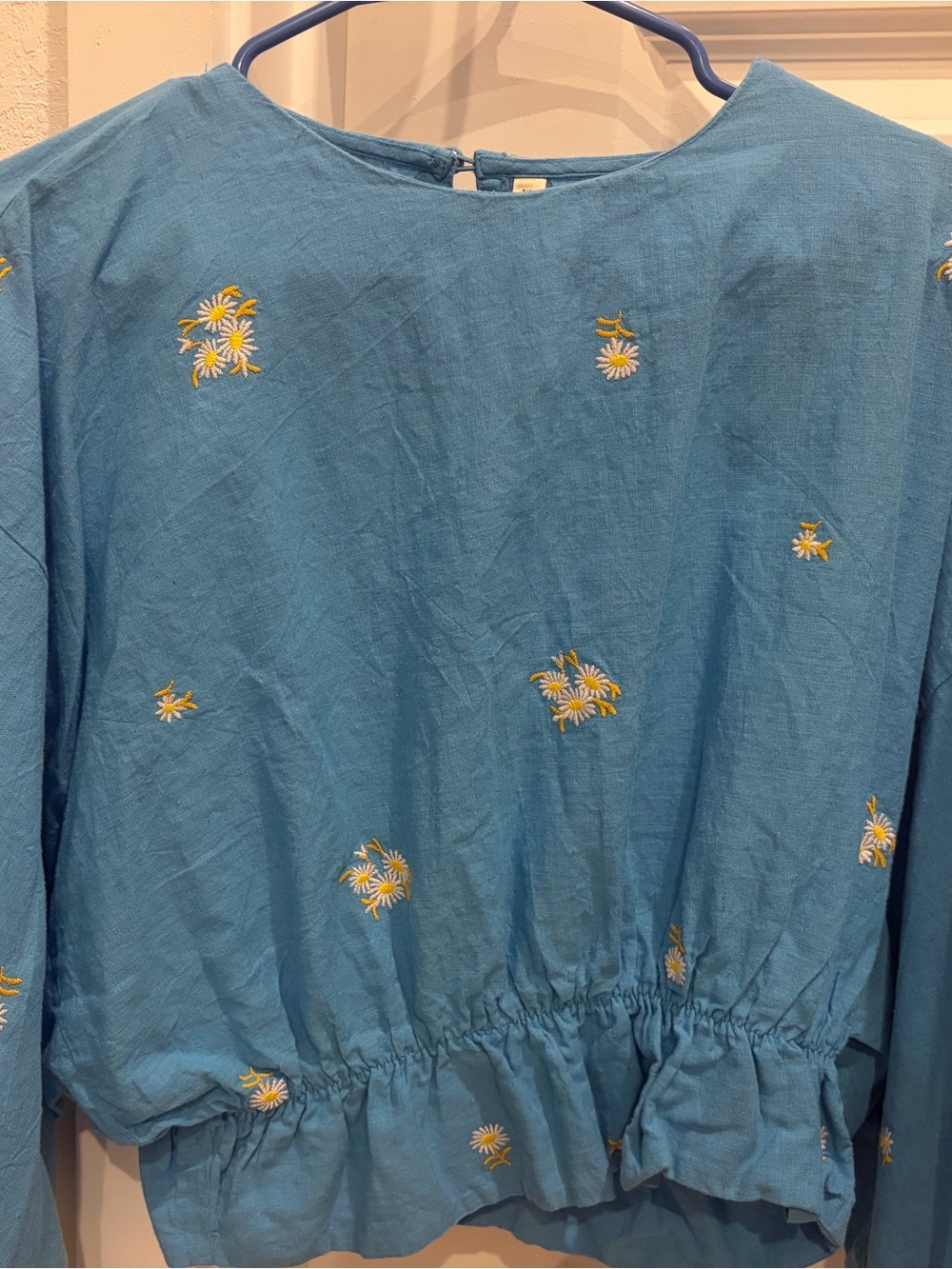 Girls Blue Embroidered Daisy Top